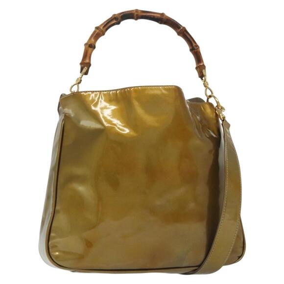 GUCCI Bamboo Hand Bag Patent Leather Beige Gold 001 1014 1638 0 - Picture 1 of 16